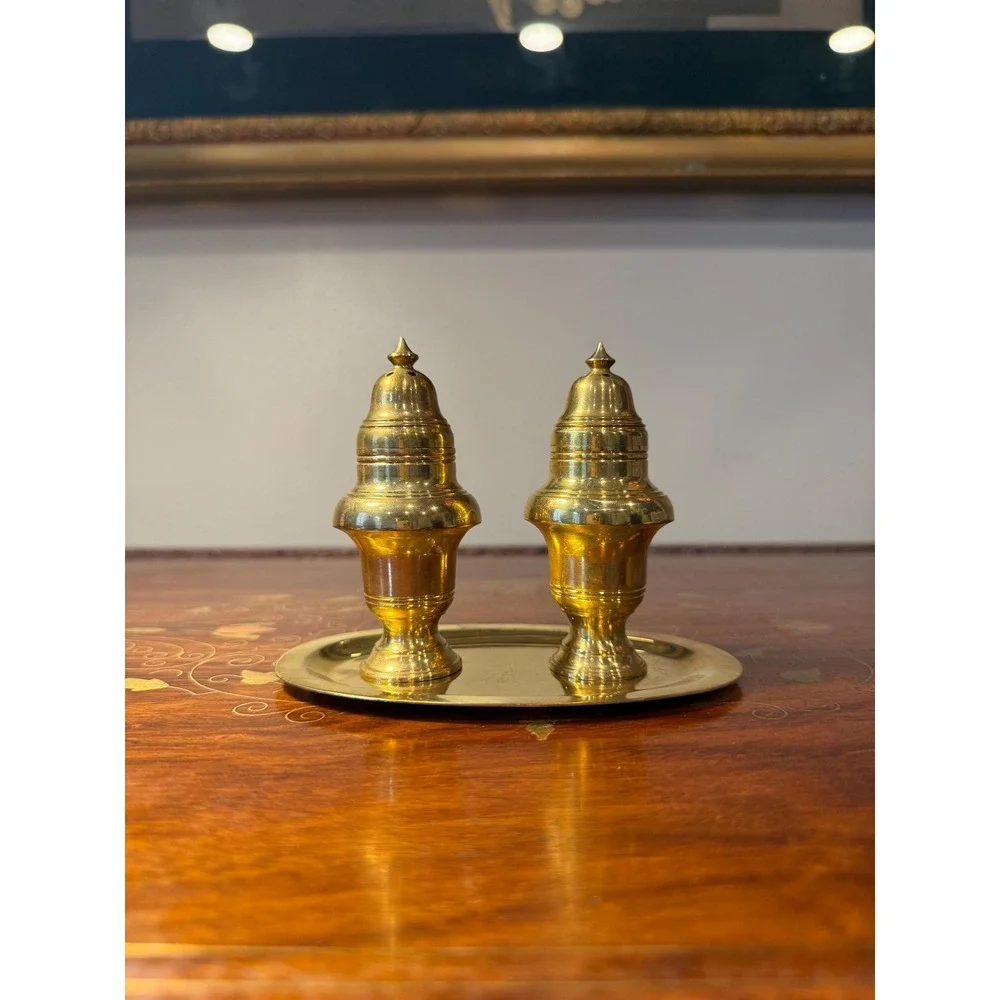 Vintage Brass Salt and Pepper‎ Shaker Set with Tray
